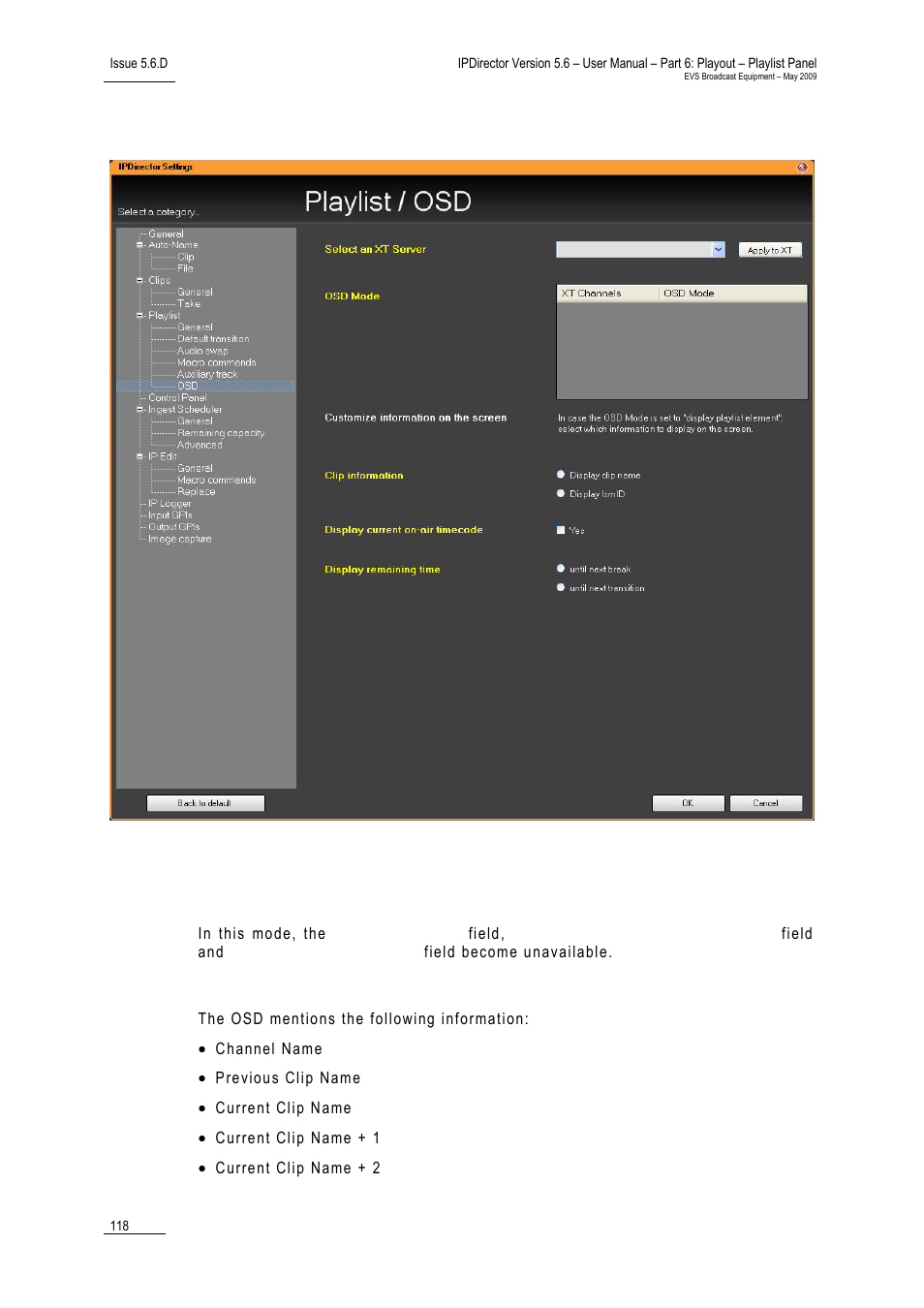 6 osd settings, Osd mode, Display transition information | Display playlist elements, 6 osd, Ettings | EVS IPDirector Version 5.6 - May 2009 Part 6 User's Manual User Manual | Page 127 / 157