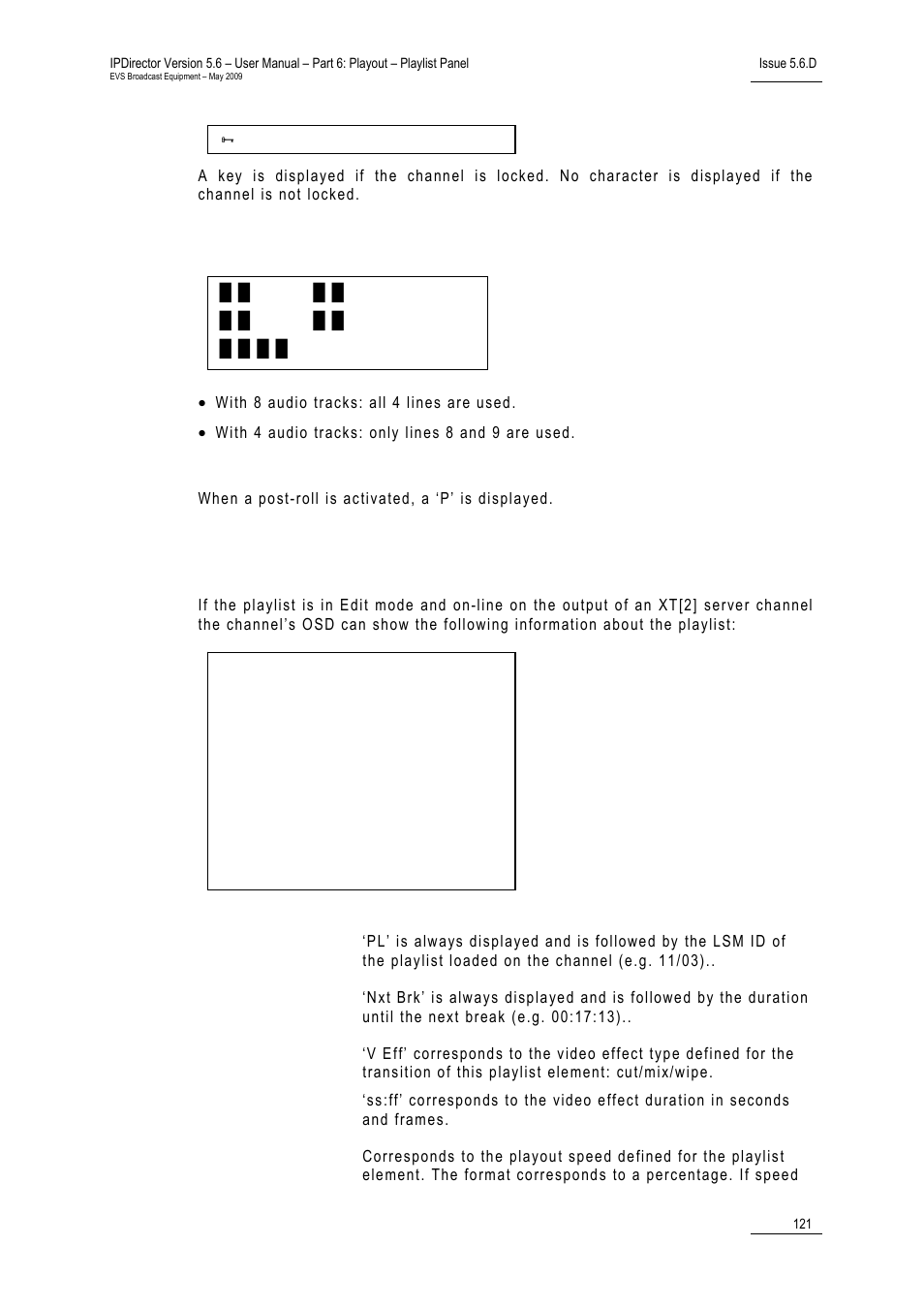 Audio meters, Post roll, 6 osd settings | 2 xt, Hannel, Creen, Isplay in, Laylist | EVS IPDirector Version 5.6 - May 2009 Part 6 User's Manual User Manual | Page 130 / 157
