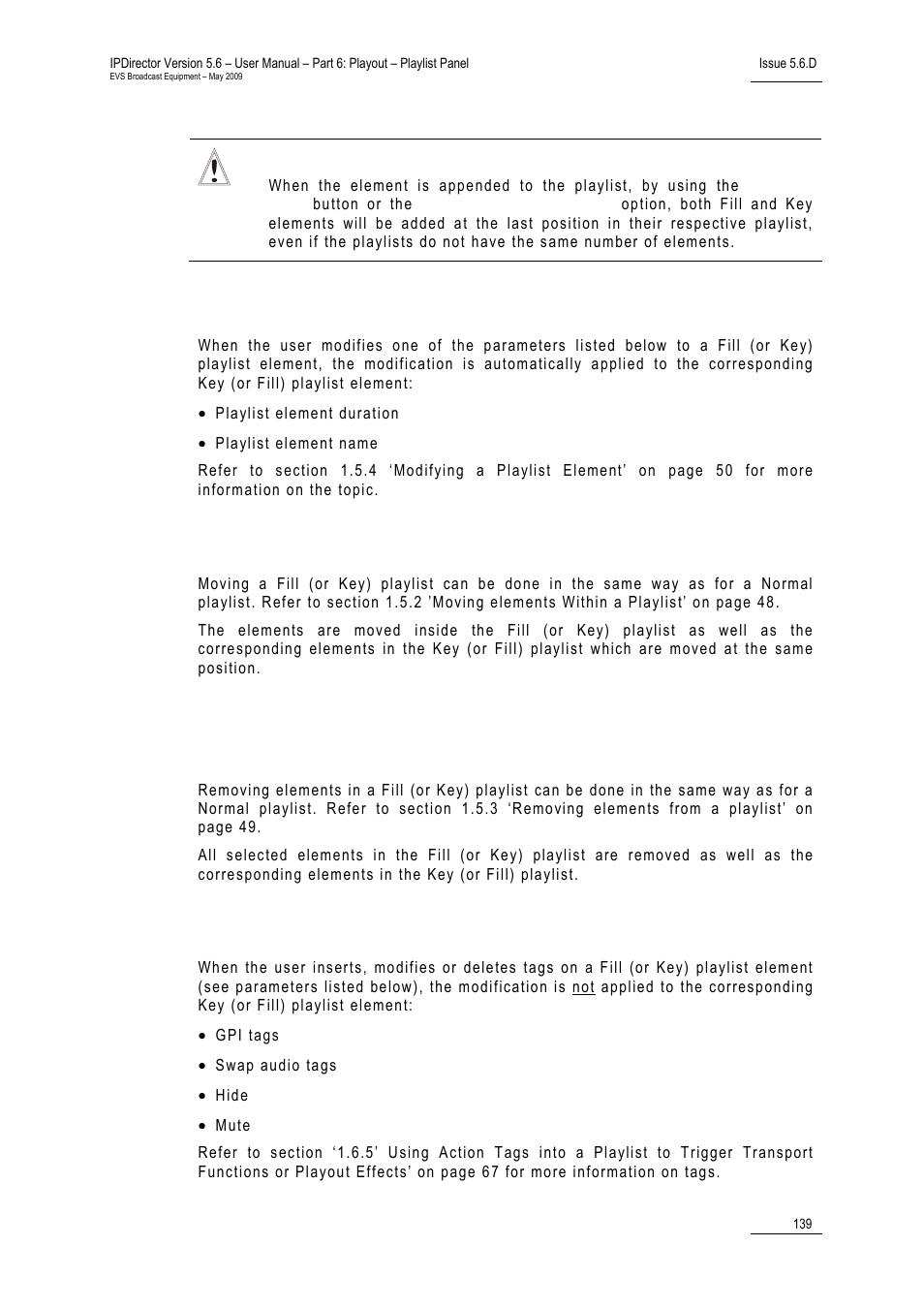 Modifying an element in a fill or key playlist, Moving fill and key playlist elements, Modifying tags of a fill or key playlist element | EVS IPDirector Version 5.6 - May 2009 Part 6 User's Manual User Manual | Page 148 / 157