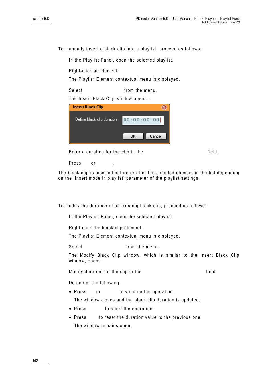 How to manually insert a black clip in a playlist, How to modify a black clip duration | EVS IPDirector Version 5.6 - May 2009 Part 6 User's Manual User Manual | Page 151 / 157