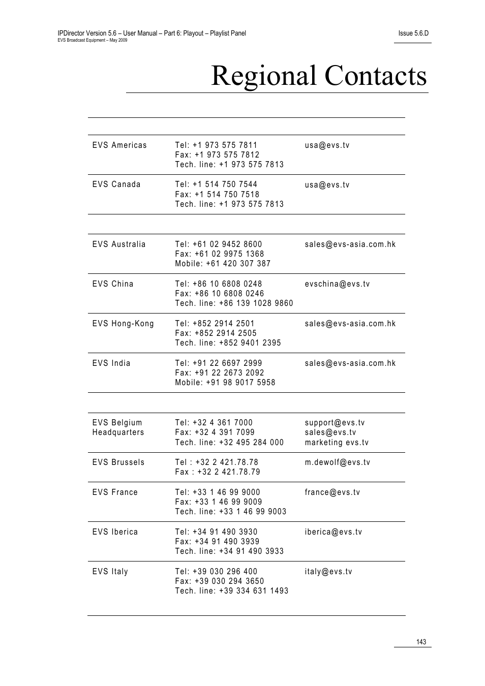 Regional contacts | EVS IPDirector Version 5.6 - May 2009 Part 6 User's Manual User Manual | Page 152 / 157