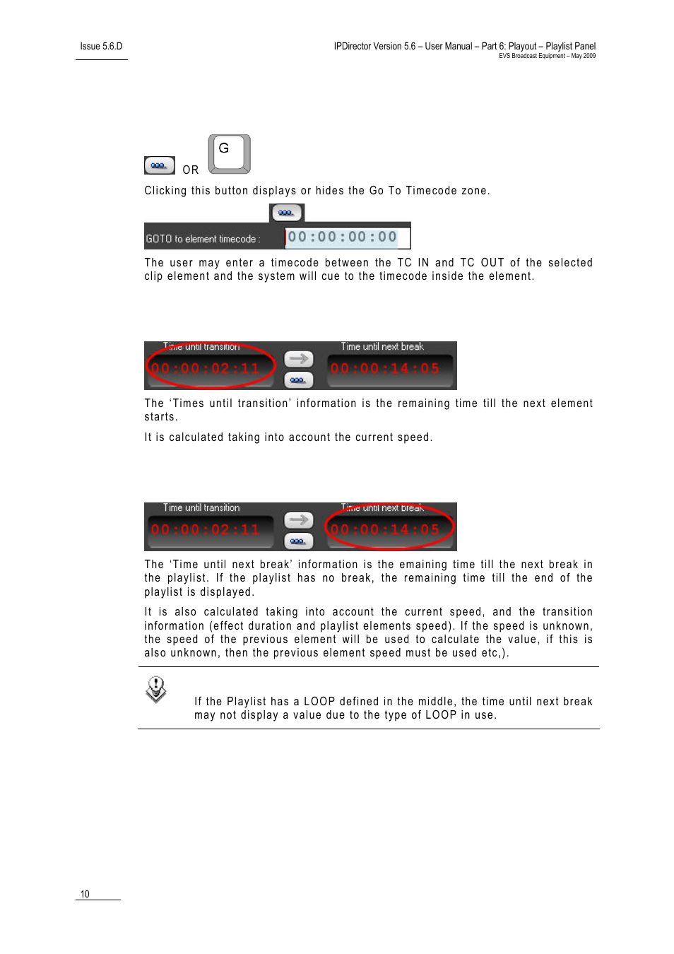 Go to element timecode button, Time until transition, Time until next break | EVS IPDirector Version 5.6 - May 2009 Part 6 User's Manual User Manual | Page 19 / 157