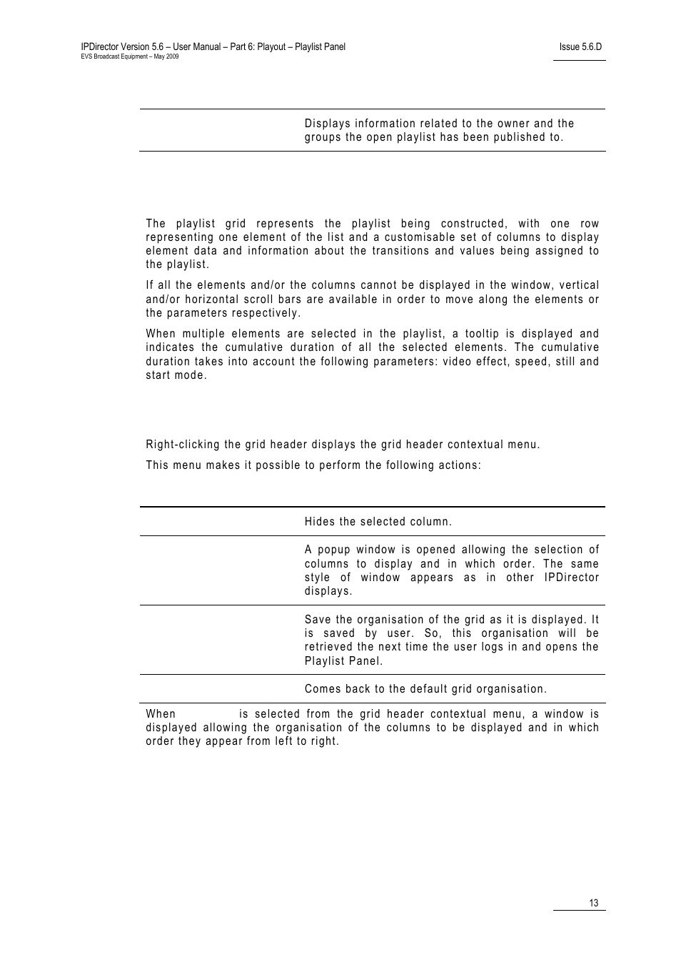 4 playlist grid, Grid header contextual menu, Laylist | EVS IPDirector Version 5.6 - May 2009 Part 6 User's Manual User Manual | Page 22 / 157