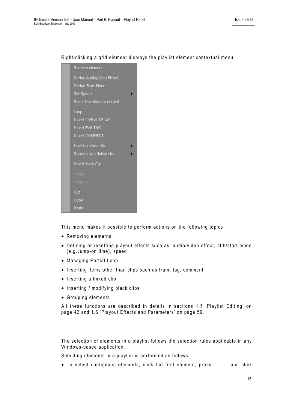 Playlist element contextual menu, Selection of elements | EVS IPDirector Version 5.6 - May 2009 Part 6 User's Manual User Manual | Page 24 / 157