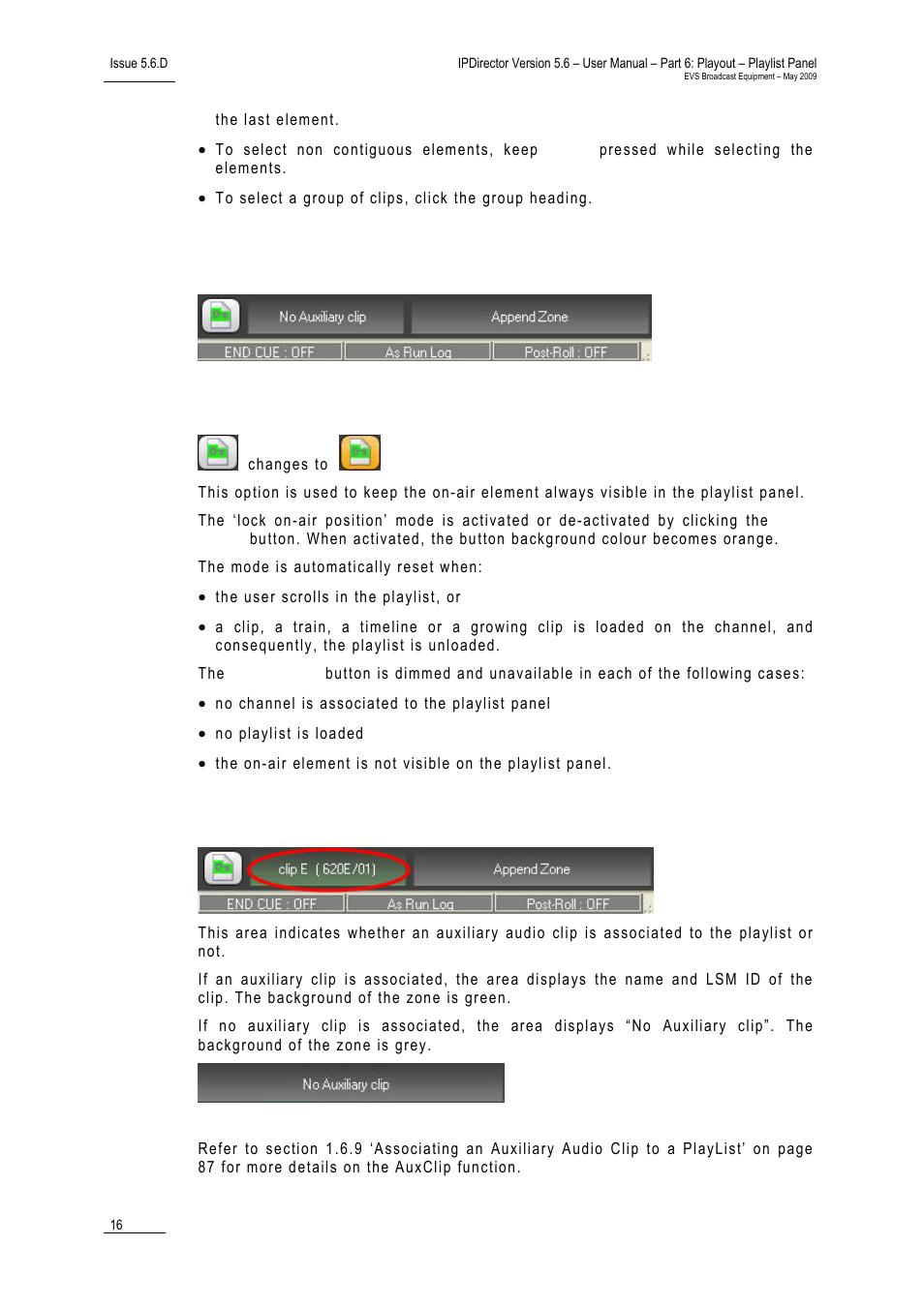 5 status bar, Lock on-air position button, Auxclip name area | Tatus | EVS IPDirector Version 5.6 - May 2009 Part 6 User's Manual User Manual | Page 25 / 157