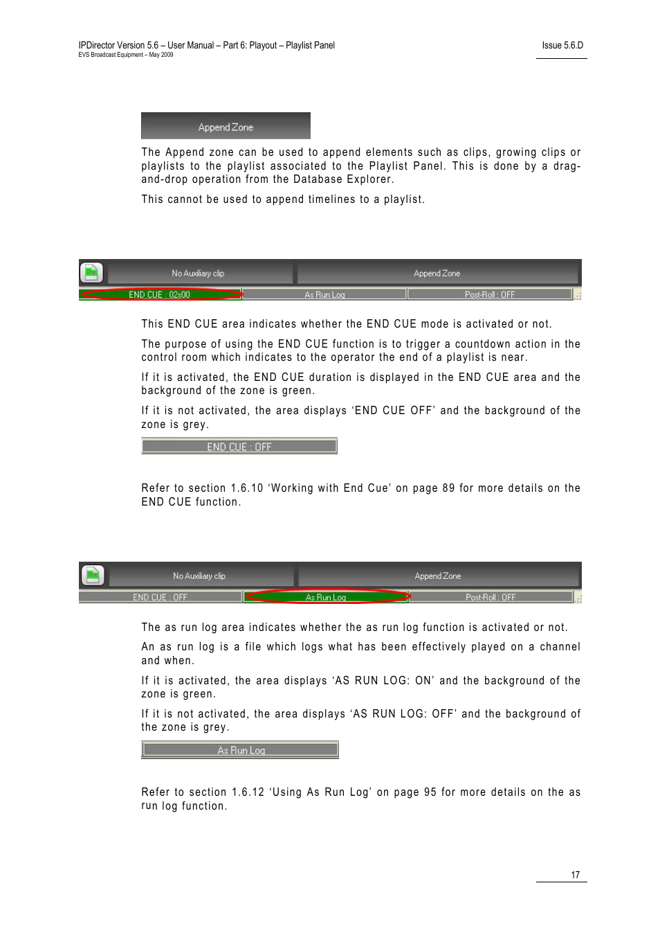 Append zone, End cue area, As run log area | EVS IPDirector Version 5.6 - May 2009 Part 6 User's Manual User Manual | Page 26 / 157