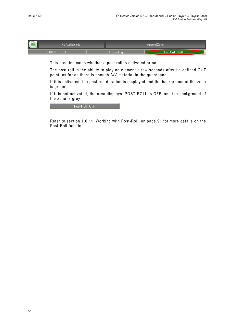 Post roll area | EVS IPDirector Version 5.6 - May 2009 Part 6 User's Manual User Manual | Page 27 / 157
