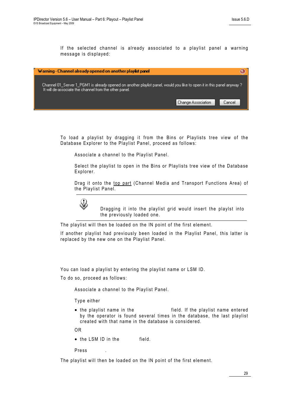 Channel already associated to a playlist panel, How to load a playlist by a drag-and-drop action | EVS IPDirector Version 5.6 - May 2009 Part 6 User's Manual User Manual | Page 38 / 157