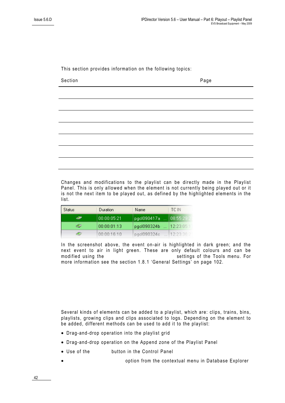 5 playlist editing, 1 adding elements to a playlist, Possible operations | 5 ‘playlist editing, 42 an, Dding elements to a playlist | EVS IPDirector Version 5.6 - May 2009 Part 6 User's Manual User Manual | Page 51 / 157