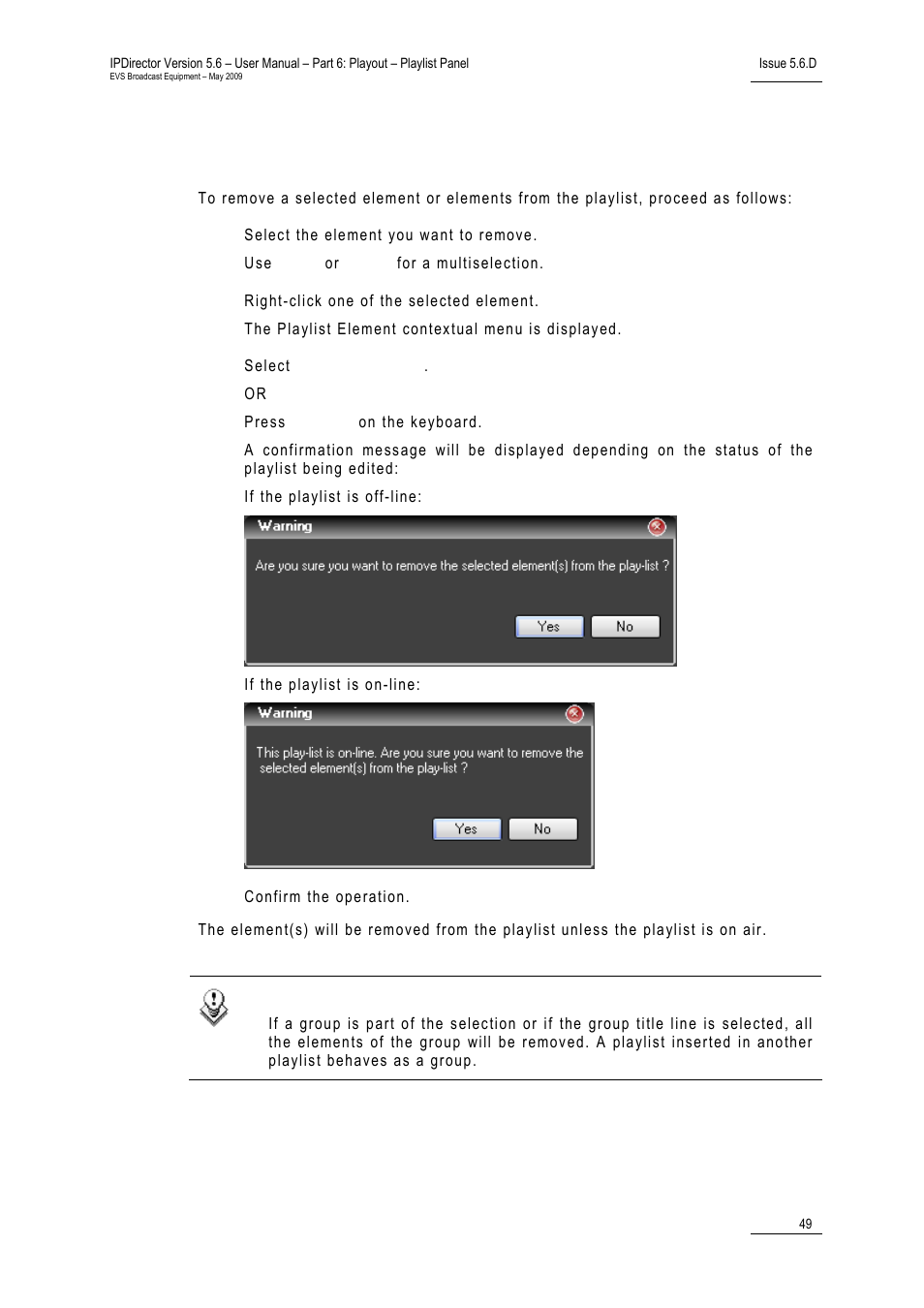 3 removing elements from a playlist, 3 ‘removing elements from a playlist, Emoving elements from a playlist | EVS IPDirector Version 5.6 - May 2009 Part 6 User's Manual User Manual | Page 58 / 157