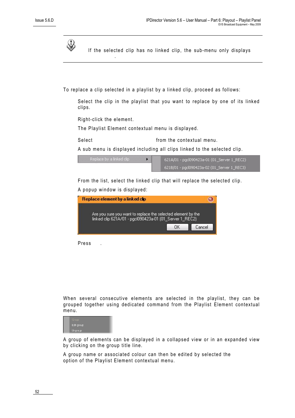 How to replace a clip by a lnked cip, 6 grouping elements in a playlist, Introduction | 6 ‘grouping elements in a playlist, Rouping, Lements in a, Laylist | EVS IPDirector Version 5.6 - May 2009 Part 6 User's Manual User Manual | Page 61 / 157