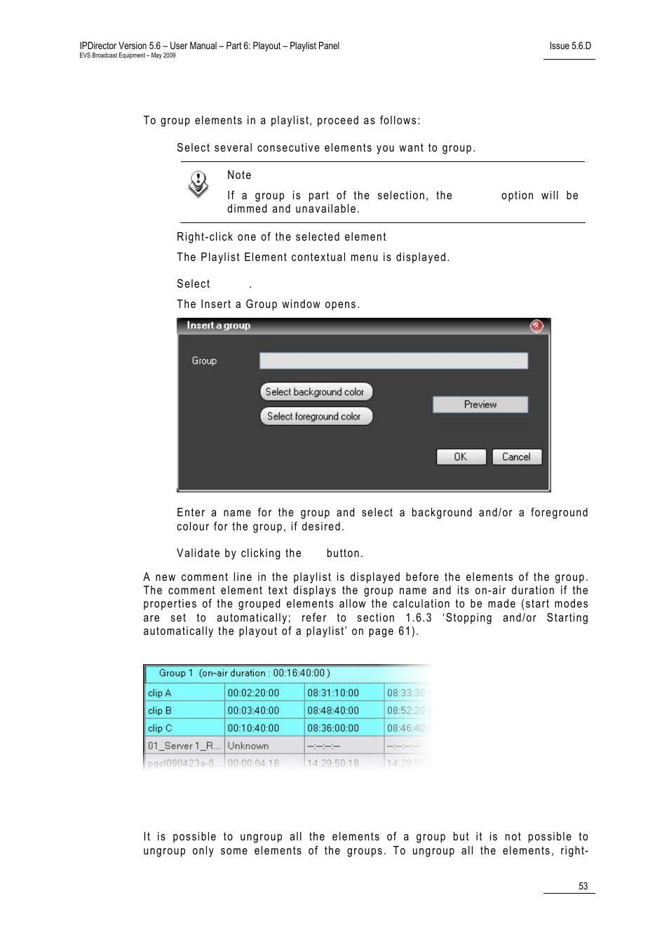 How to (un-)group elements within a playlist, Ungrouping elements | EVS IPDirector Version 5.6 - May 2009 Part 6 User's Manual User Manual | Page 62 / 157