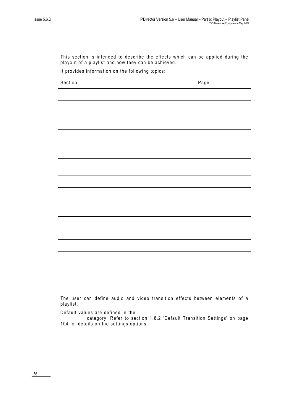 6 playout effects and parameters, 1 adding audio and/or video effects, Introduction | 6 ‘playout effects and parameters, Dding audio and, Or video effects | EVS IPDirector Version 5.6 - May 2009 Part 6 User's Manual User Manual | Page 65 / 157