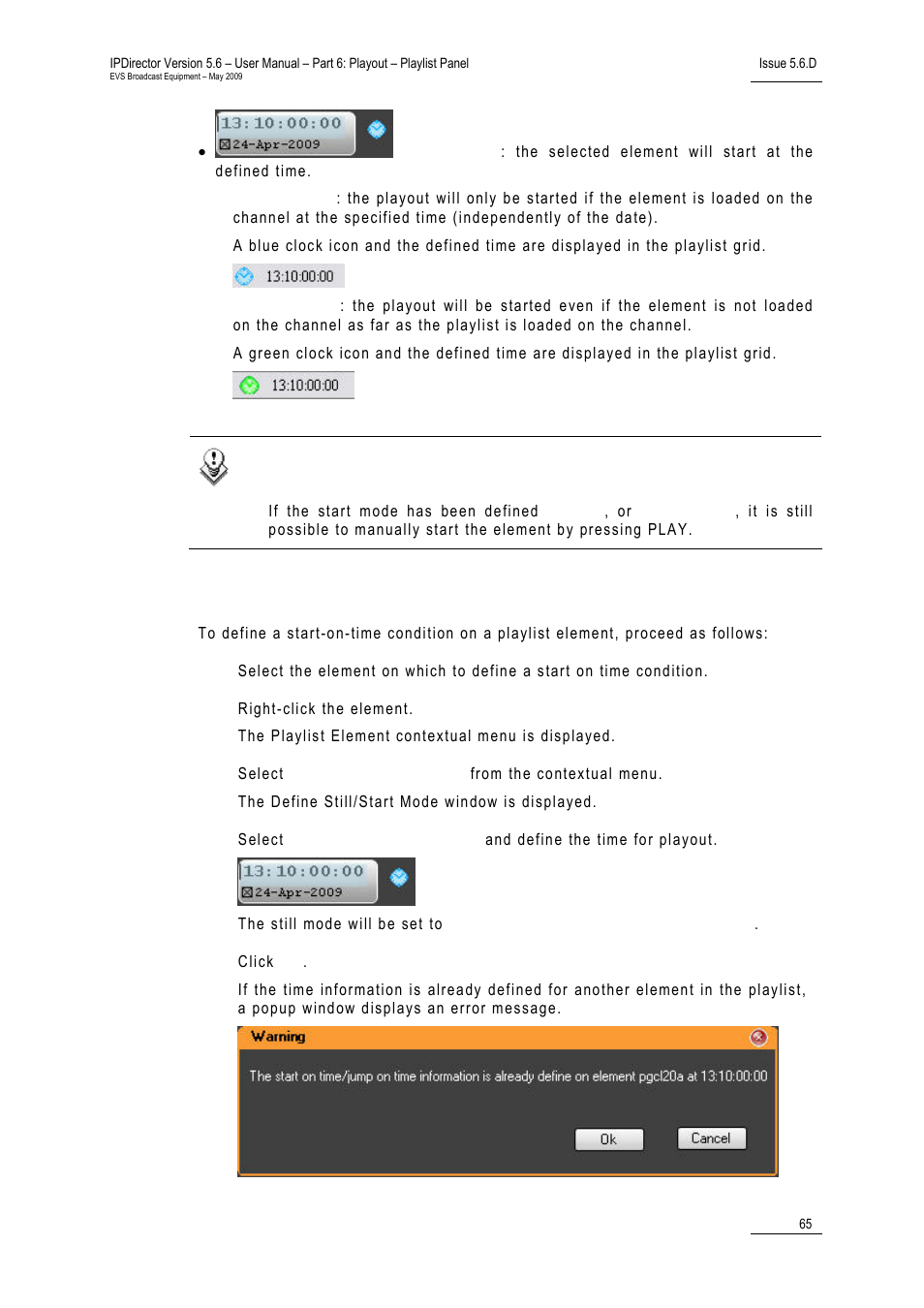 How to define a start-on-time condition | EVS IPDirector Version 5.6 - May 2009 Part 6 User's Manual User Manual | Page 74 / 157