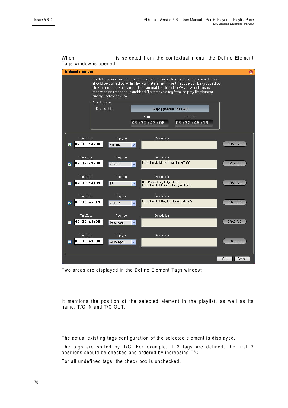 Define element tags window, Select element zone, Tag configuration zone | Define element, Tags window, 70 fo | EVS IPDirector Version 5.6 - May 2009 Part 6 User's Manual User Manual | Page 79 / 157