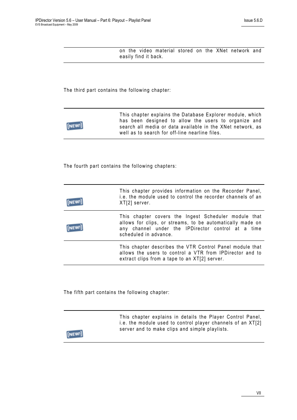 Part 3: browsing, Part 4: ingest, Part 5: playout – control panel | EVS IPDirector Version 5.6 - May 2009 Part 6 User's Manual User Manual | Page 8 / 157