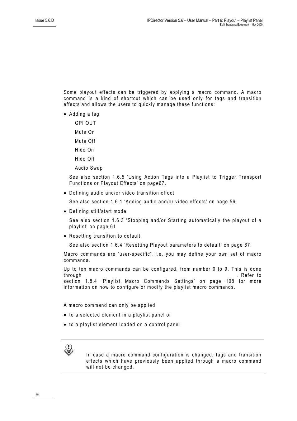 Introduction, 6 ‘applying a macro command to trigger playout, Effects | 76 fo, 76 f, Pplying a, Acro, Ommand to, Rigger, Layout | EVS IPDirector Version 5.6 - May 2009 Part 6 User's Manual User Manual | Page 85 / 157