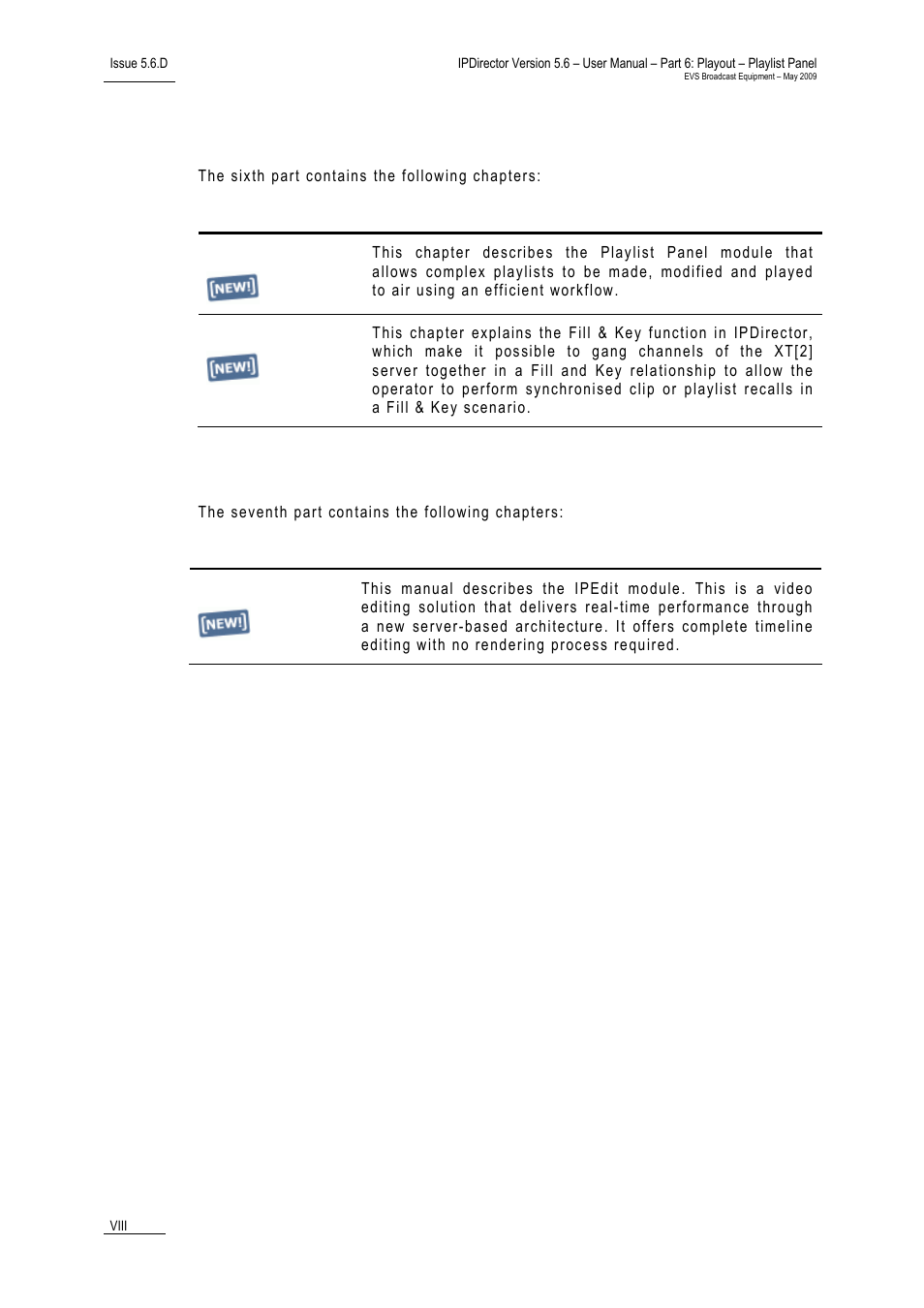 Part 6: playout - playlist, Part 7: editing | EVS IPDirector Version 5.6 - May 2009 Part 6 User's Manual User Manual | Page 9 / 157