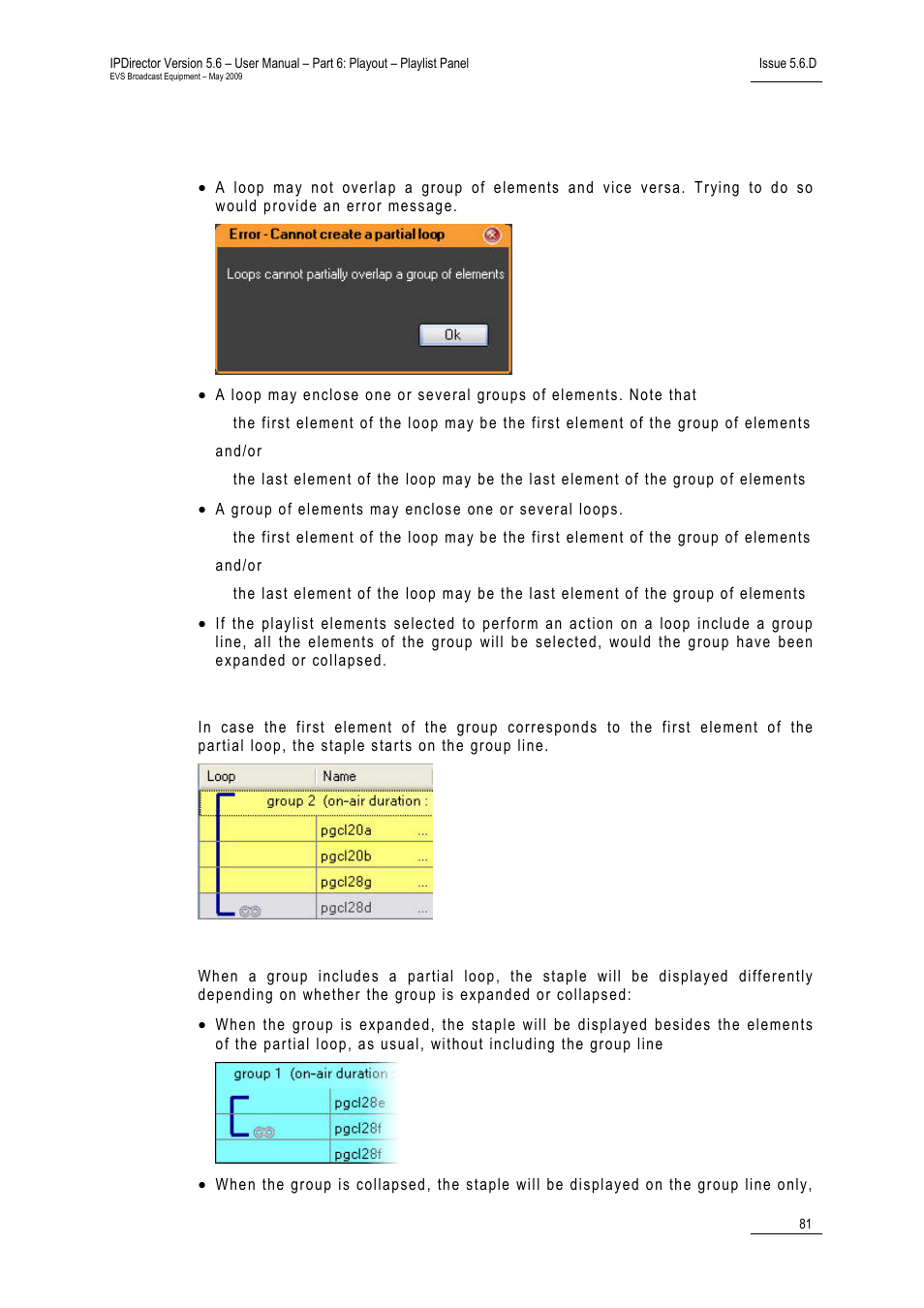 Rules for the use of loops and groups, Group inside a partial loop, Partial loop inside a group | 7 skipping an element in the playlist | EVS IPDirector Version 5.6 - May 2009 Part 6 User's Manual User Manual | Page 90 / 157