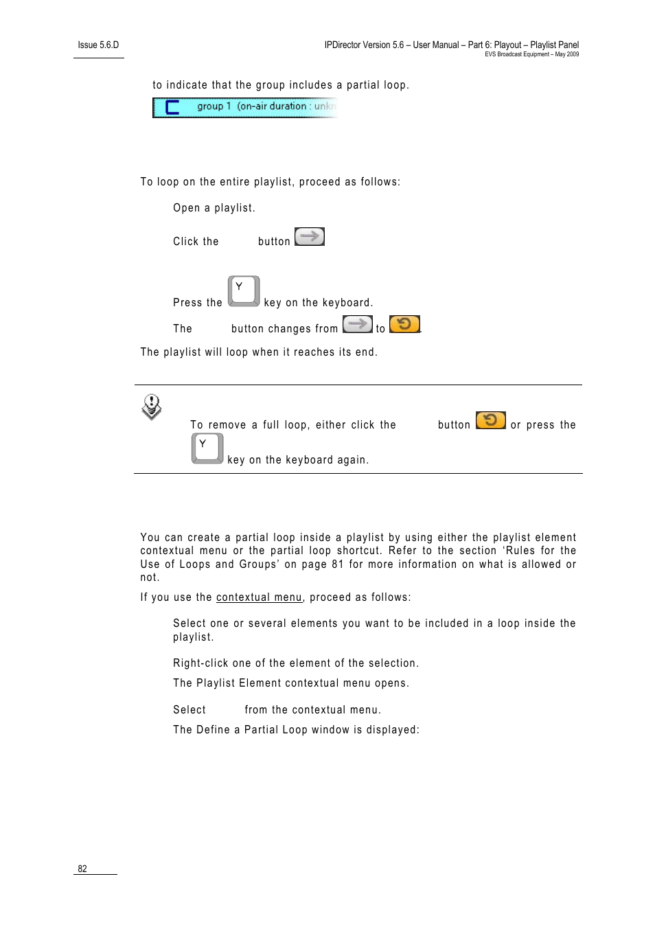 How to activate the global loop mode, How to define a partial loop, 8 looping playlist elements during playout | EVS IPDirector Version 5.6 - May 2009 Part 6 User's Manual User Manual | Page 91 / 157