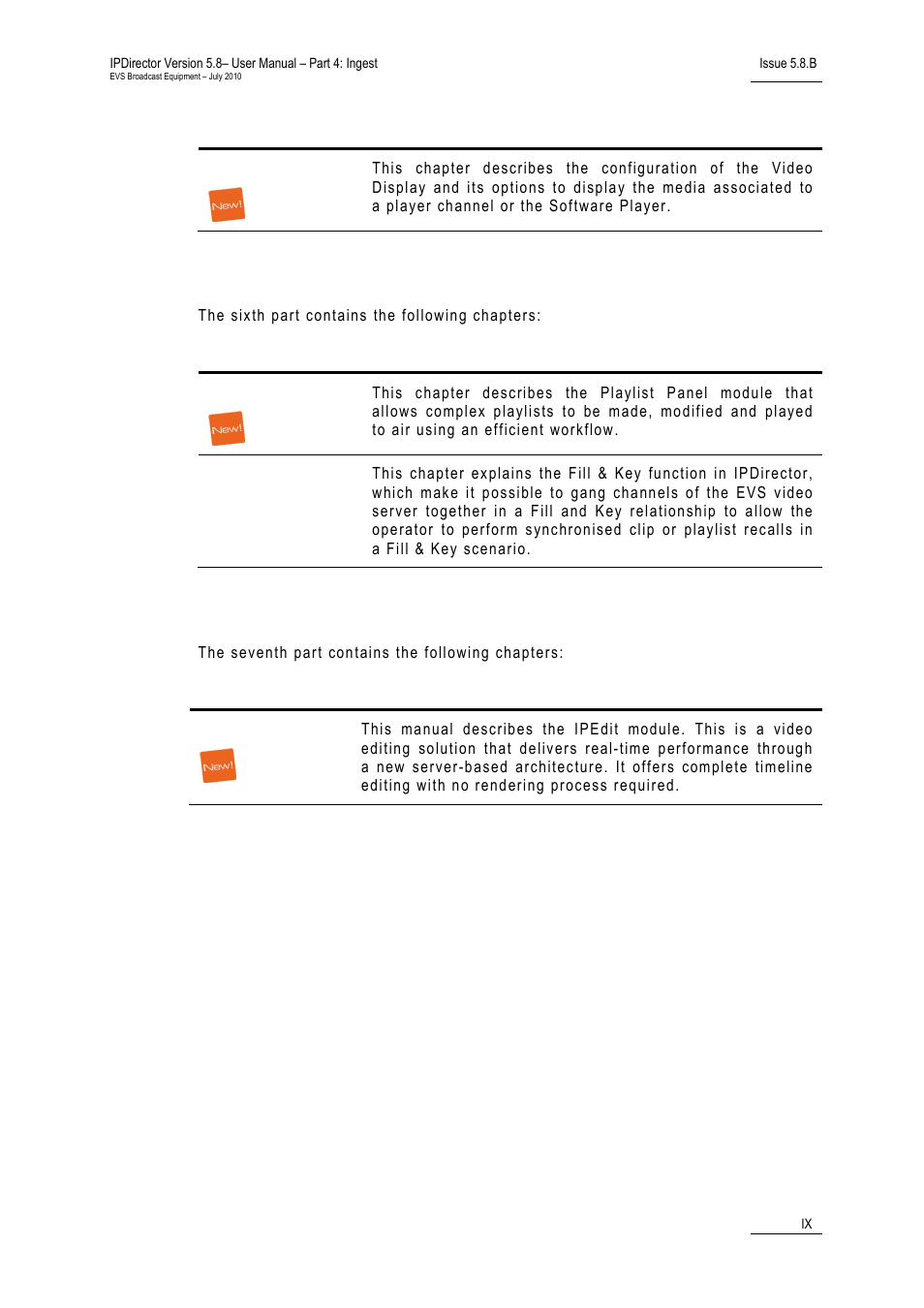 Part 6: playout – playlist panel, Part 7: editing | EVS IPDirector Version 5.8 - July 2010 Part 4 User's Manual User Manual | Page 10 / 81