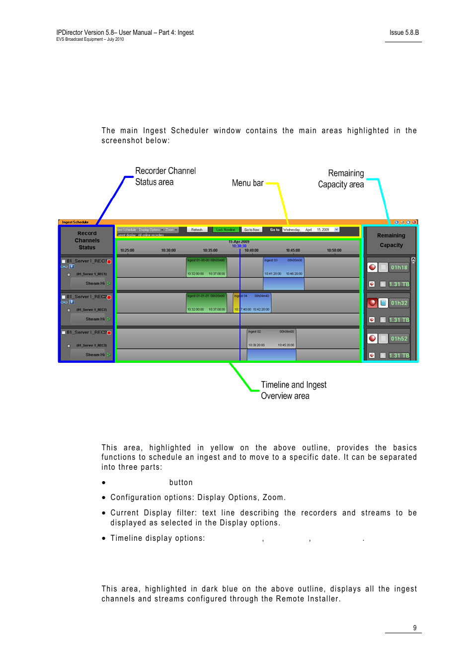 2 overview of the ingest scheduler window, Ingest scheduler outline, Menu bar | Recorder channels status, Overview of the ingest scheduler window, Verview of the, Ngest, Cheduler window | EVS IPDirector Version 5.8 - July 2010 Part 4 User's Manual User Manual | Page 20 / 81