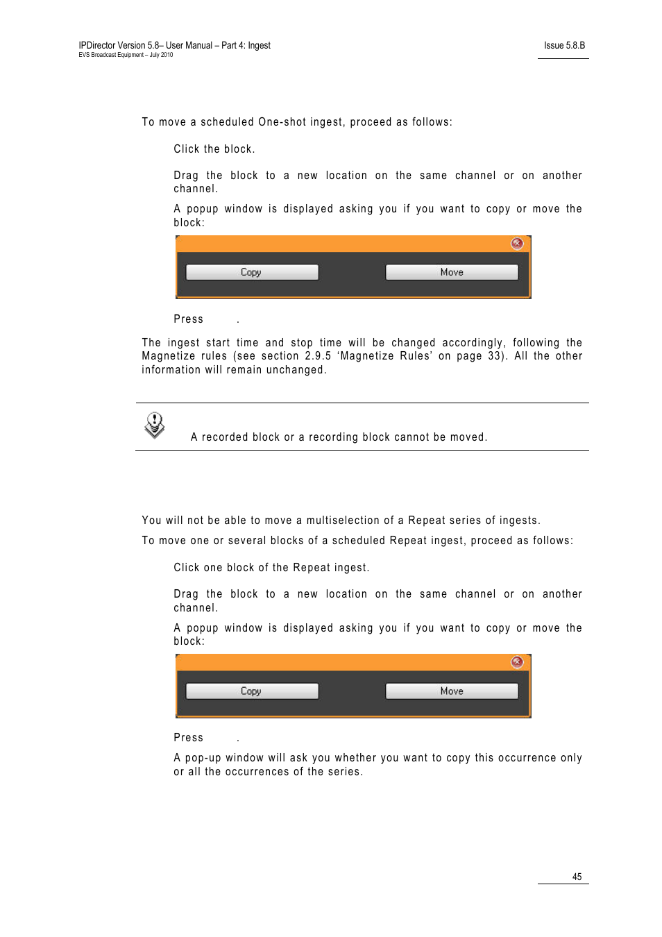 3 how to move a scheduled one-shot ingest, 4 how to move a scheduled repeat ingest, How to move a scheduled one-shot ingest | How to move a scheduled repeat ingest | EVS IPDirector Version 5.8 - July 2010 Part 4 User's Manual User Manual | Page 56 / 81