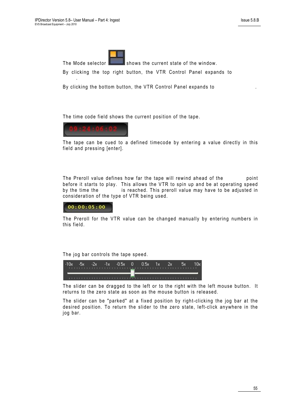 Mode selector, Time code field, Preroll field | Jog bar | EVS IPDirector Version 5.8 - July 2010 Part 4 User's Manual User Manual | Page 66 / 81