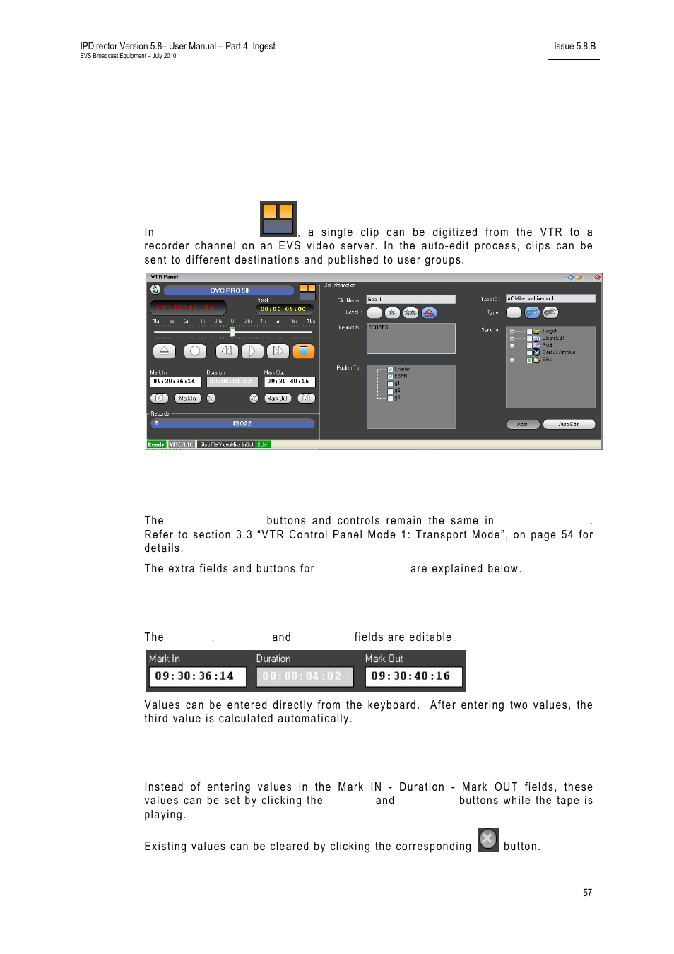 4 vtr control panel mode 2: auto-edit mode, 1 purpose, 2 screen elements and functions | Mark in - duration - mark out, Mark in / mark out buttons, Vtr control panel mode 2: auto-edit mode, Purpose, Screen elements and functions, 4 vtr control panel mode 2: auto- edit mode | EVS IPDirector Version 5.8 - July 2010 Part 4 User's Manual User Manual | Page 68 / 81