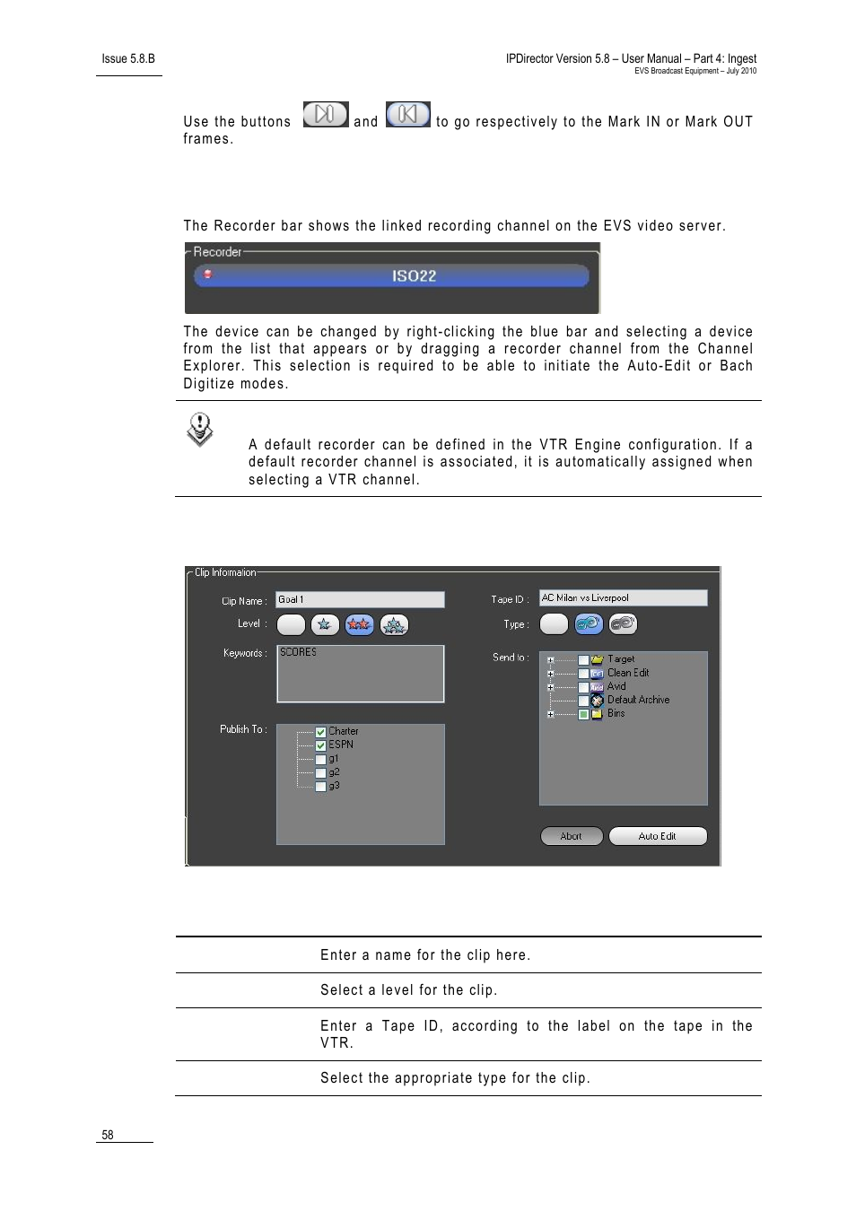 Recorder bar, Clip information fields | EVS IPDirector Version 5.8 - July 2010 Part 4 User's Manual User Manual | Page 69 / 81