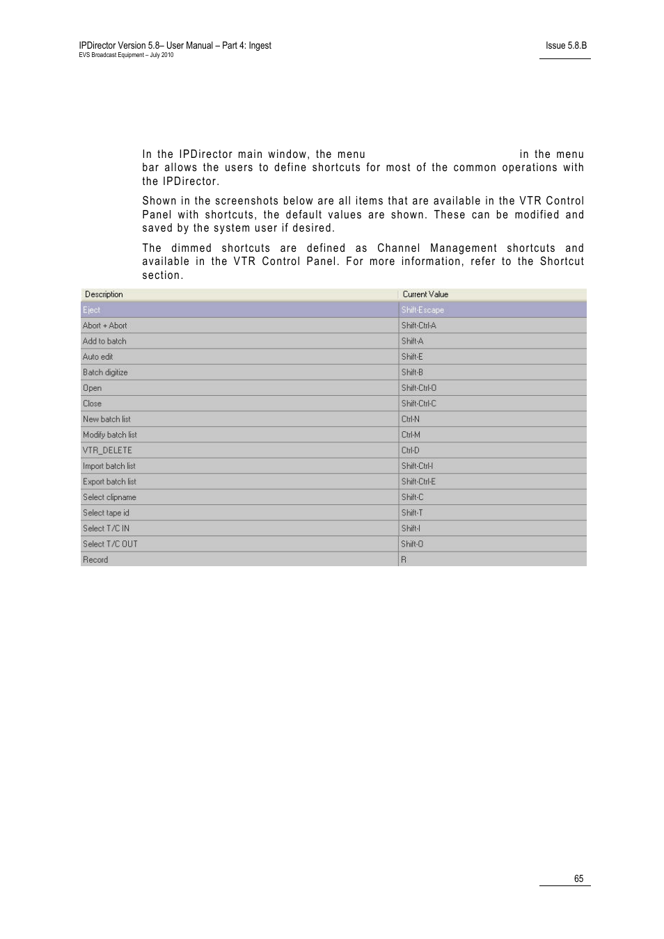 6 vtr control panel shortcuts, Vtr control panel shortcuts | EVS IPDirector Version 5.8 - July 2010 Part 4 User's Manual User Manual | Page 76 / 81