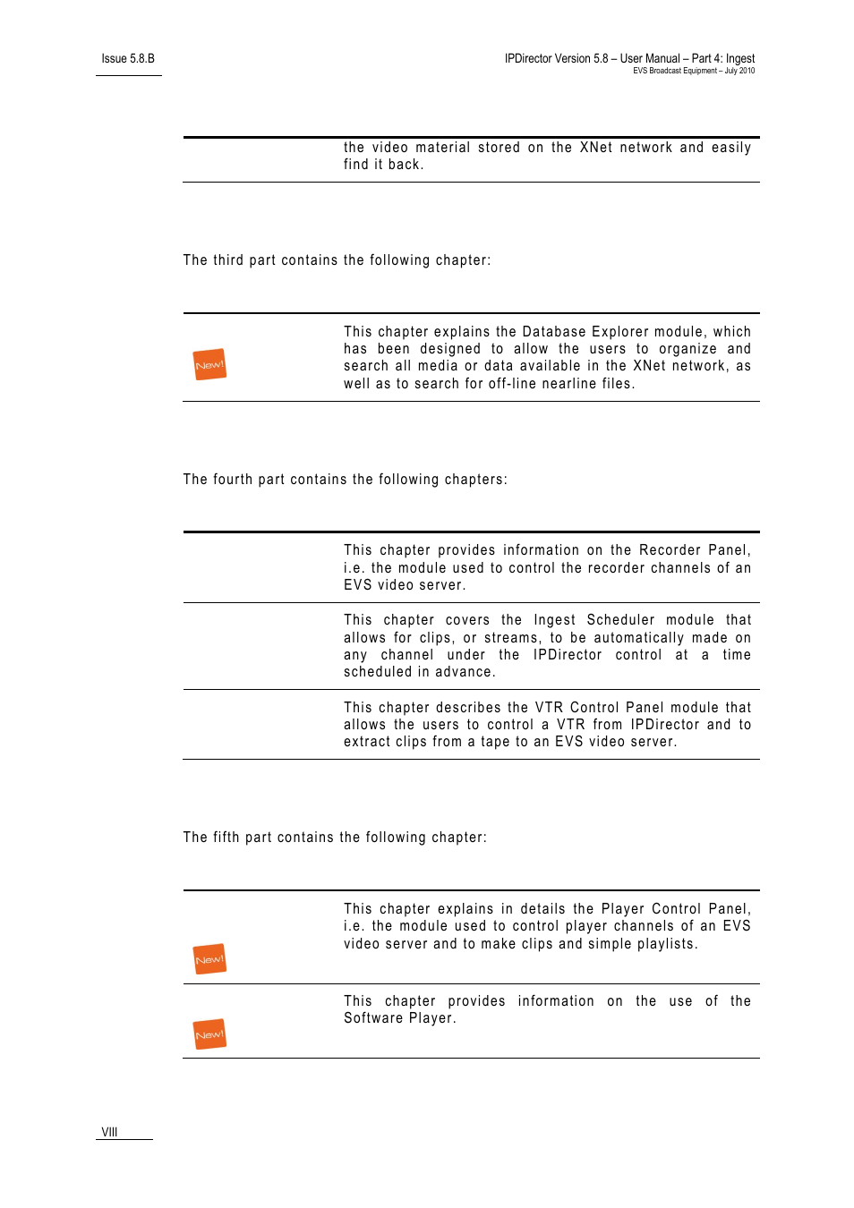 Part 3: browsing, Part 4: ingest, Part 5: playout – control panel | EVS IPDirector Version 5.8 - July 2010 Part 4 User's Manual User Manual | Page 9 / 81