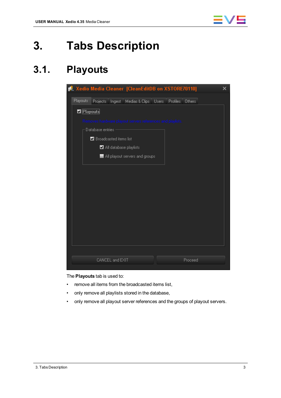 Tabs description, Playouts | EVS XEDIO Media Cleaner Version 4.35 - August 2013 User Manual User Manual | Page 11 / 22