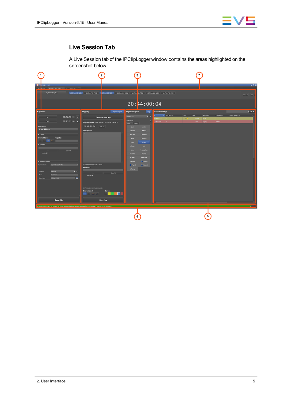 Live session tab | EVS IPClipLogger Version 6.15 - April 2013 User Manual User Manual | Page 13 / 96