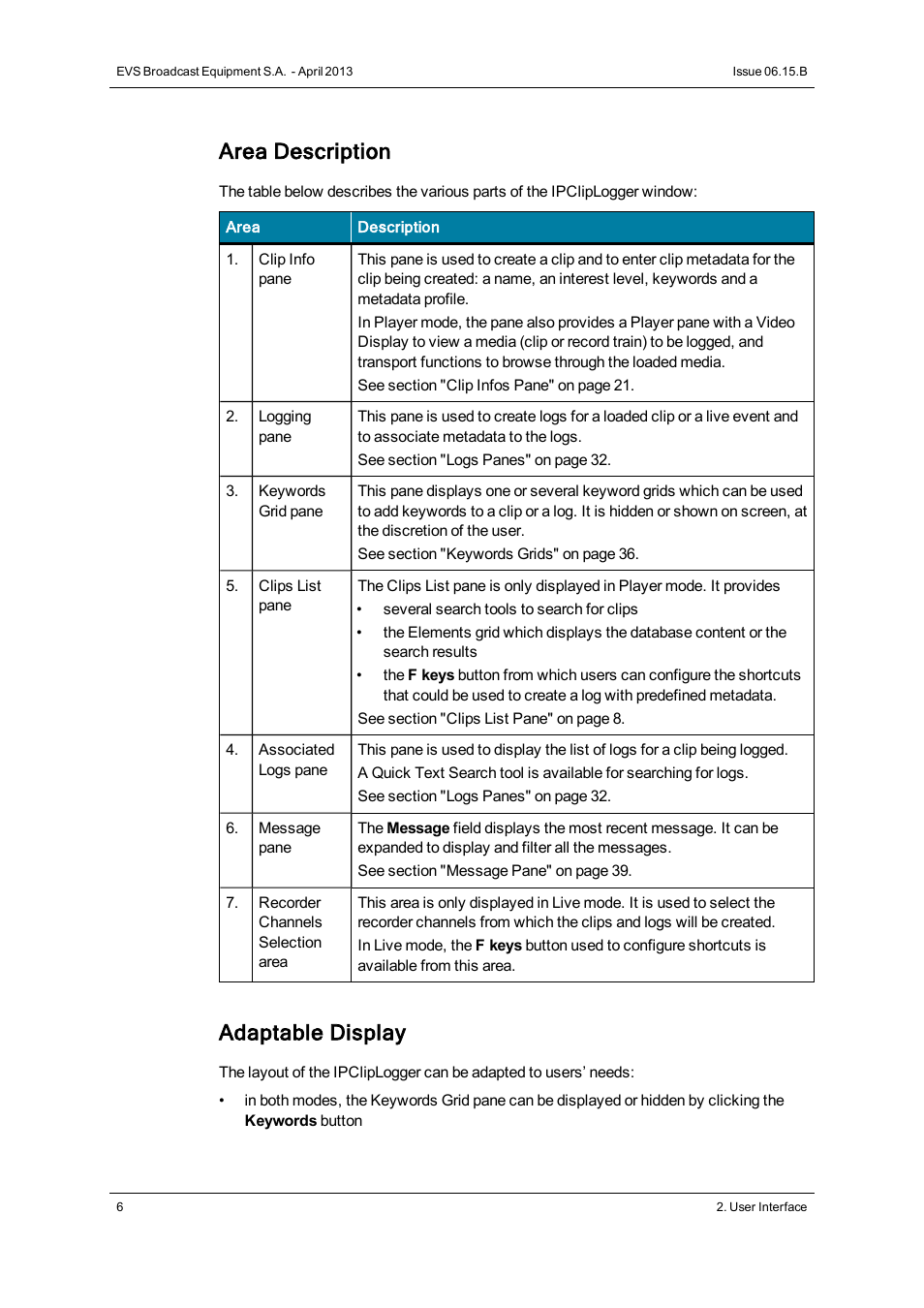 Area description, Adaptable display | EVS IPClipLogger Version 6.15 - April 2013 User Manual User Manual | Page 14 / 96