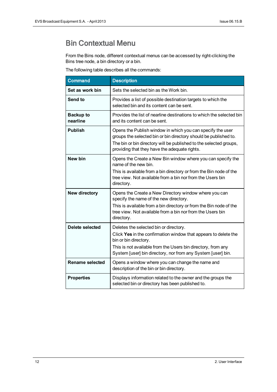 Bin contextual menu | EVS IPClipLogger Version 6.15 - April 2013 User Manual User Manual | Page 20 / 96