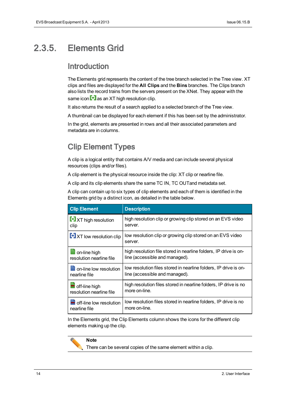 Elements grid, Introduction, Clip element types | EVS IPClipLogger Version 6.15 - April 2013 User Manual User Manual | Page 22 / 96