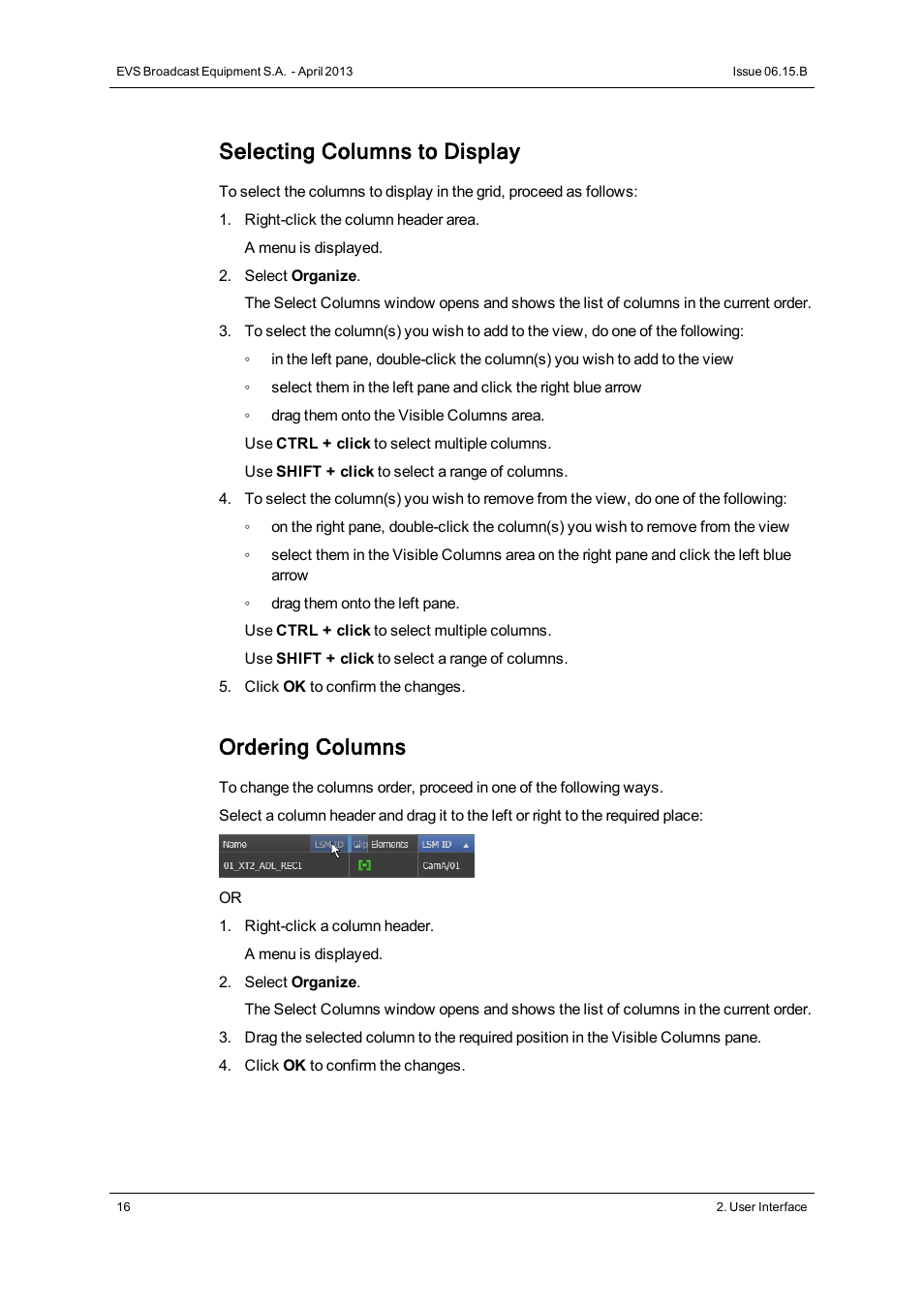 Selecting columns to display, Ordering columns | EVS IPClipLogger Version 6.15 - April 2013 User Manual User Manual | Page 24 / 96