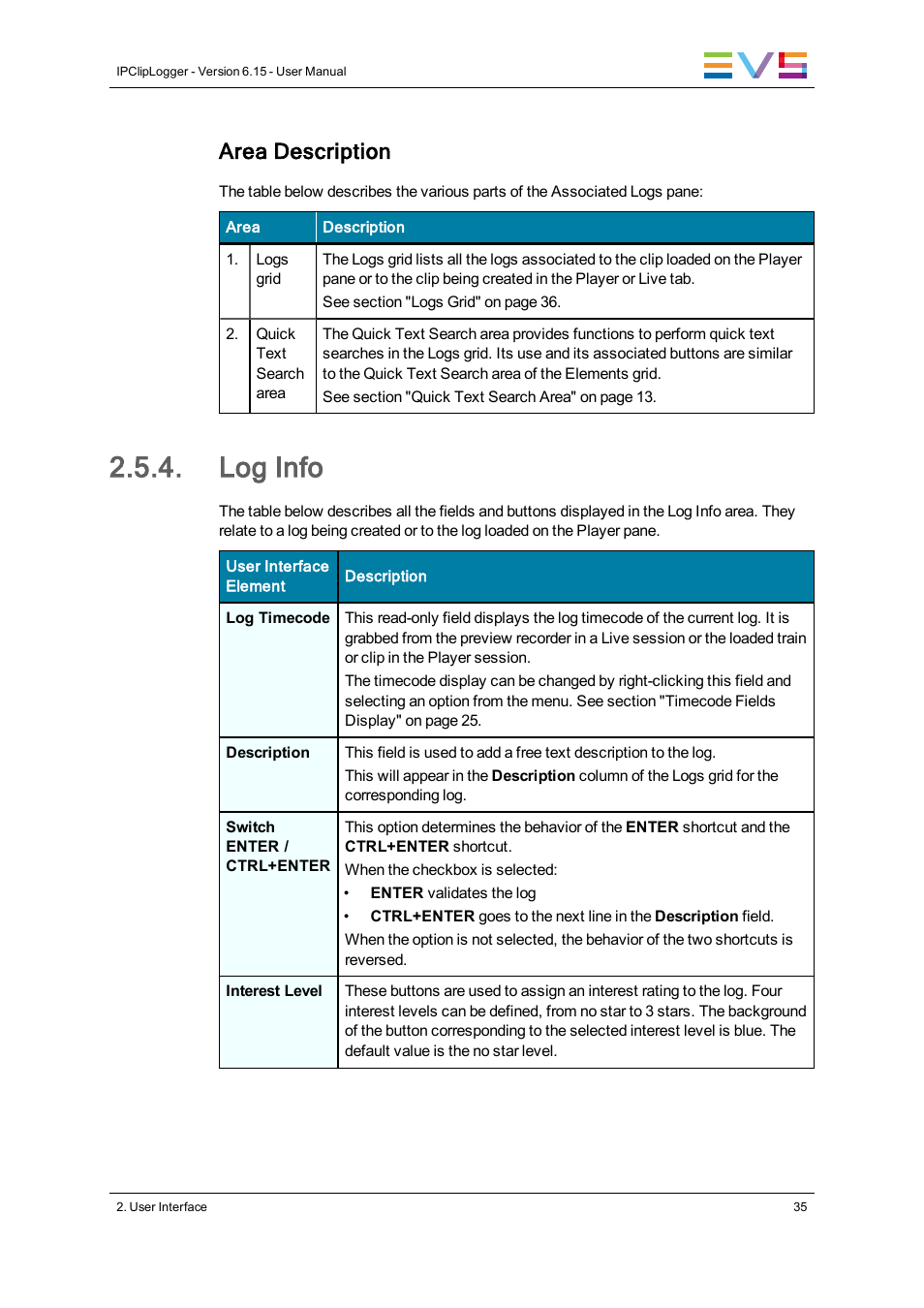 Log info, Area description | EVS IPClipLogger Version 6.15 - April 2013 User Manual User Manual | Page 43 / 96