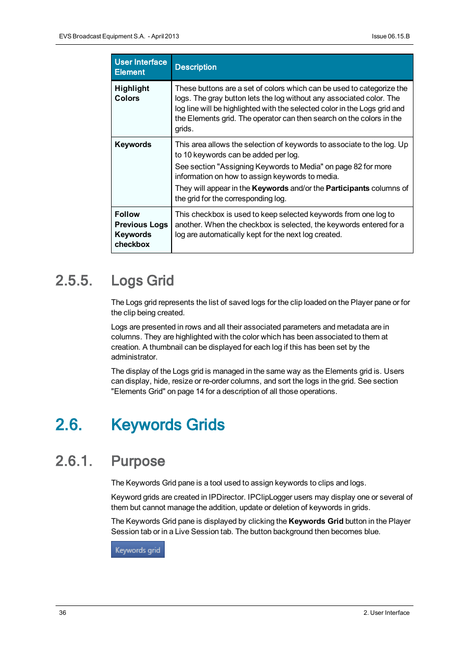 Logs grid, Keywords grids, Purpose | EVS IPClipLogger Version 6.15 - April 2013 User Manual User Manual | Page 44 / 96