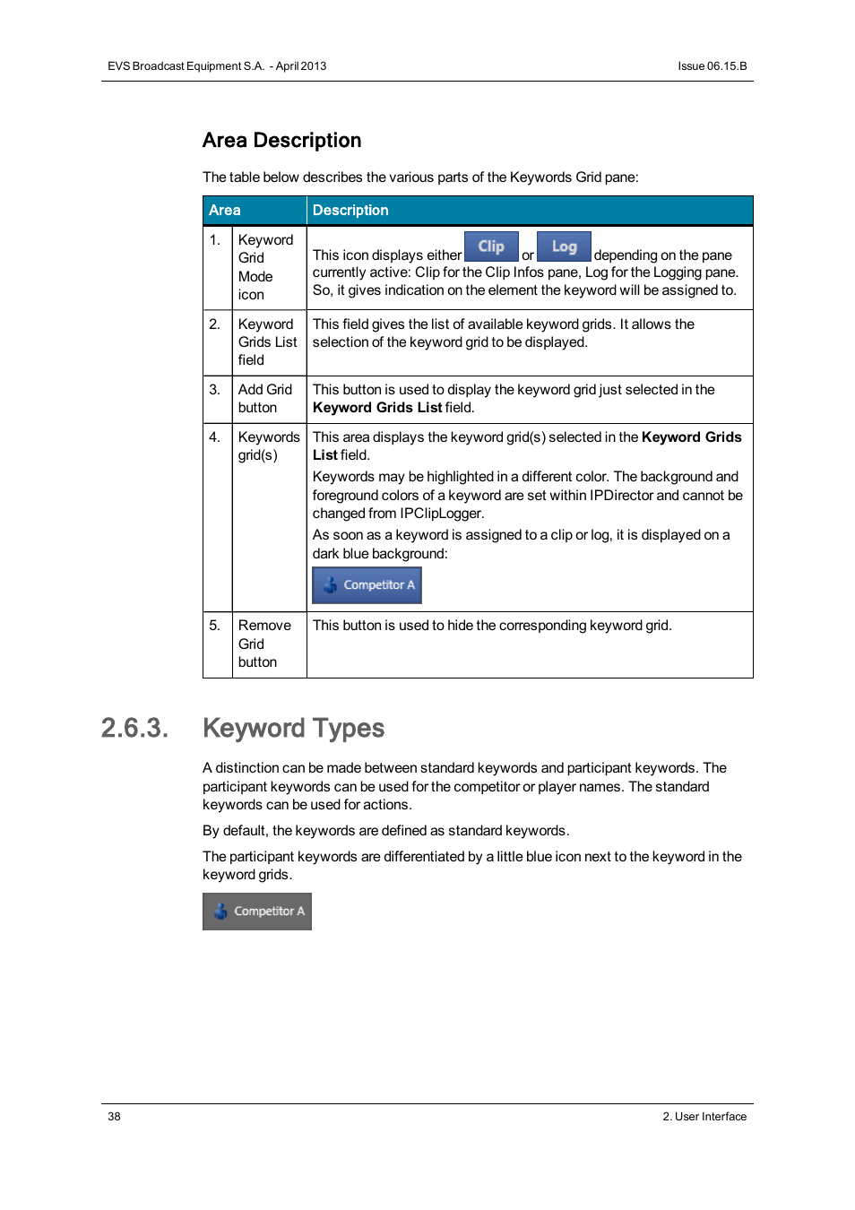 Keyword types, Area description | EVS IPClipLogger Version 6.15 - April 2013 User Manual User Manual | Page 46 / 96