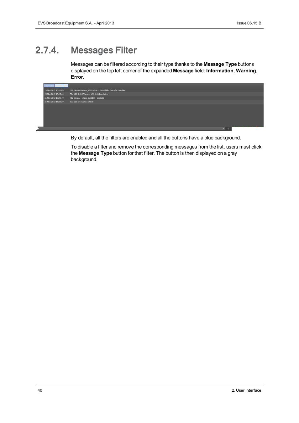 Messages filter | EVS IPClipLogger Version 6.15 - April 2013 User Manual User Manual | Page 48 / 96