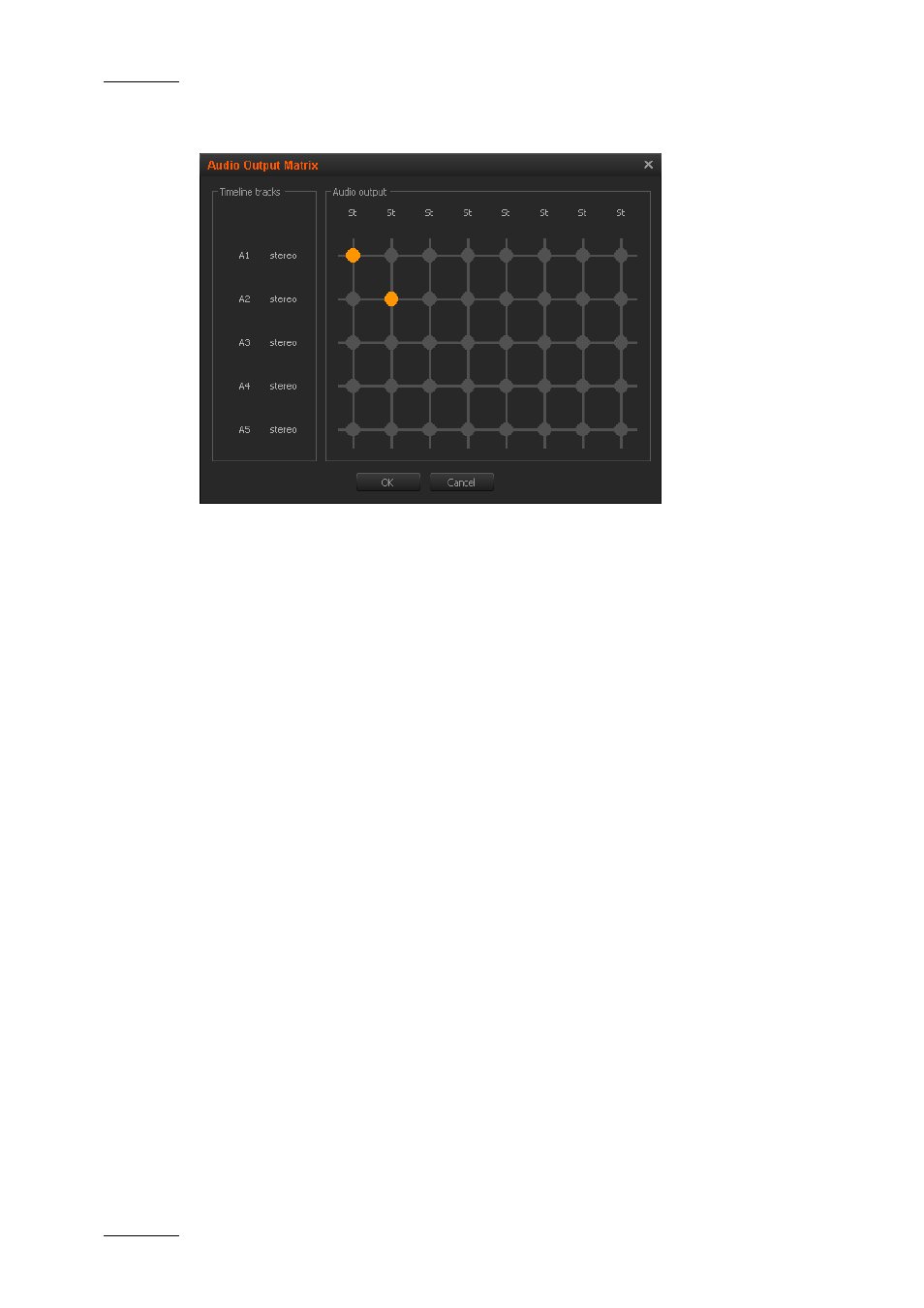 Audio output matrix overview, Timeline tracks area, Audio output area | Matrix | EVS XEDIO CleanEdit Version 3.1 - January 2011 User Manual User Manual | Page 103 / 222