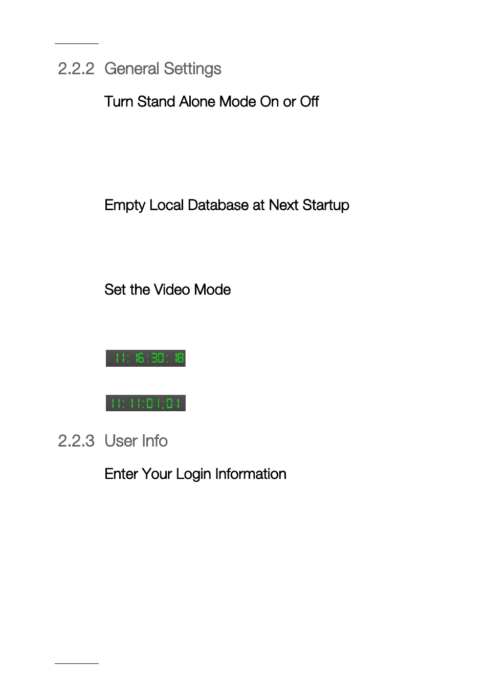 2 general settings, Xe "video mode, set" set the video mode, 3 user info | General settings, User info, Turn stand alone mode on or off, Empty local database at next startup, Set the video mode, Enter your login information | EVS ProNotes Version 1.0 - January 2012 User Manual | Page 12 / 97