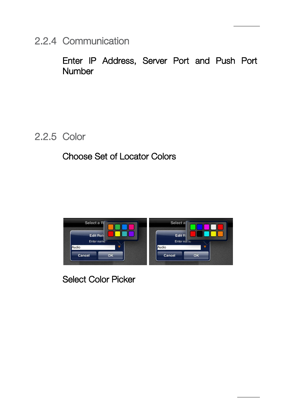 4 communication, Enter ip address, server port and push port number, 5 color | Xe "color picker:select" select color picker, Communication, Color, Choose set of locator colors, Select color picker | EVS ProNotes Version 1.0 - January 2012 User Manual | Page 13 / 97