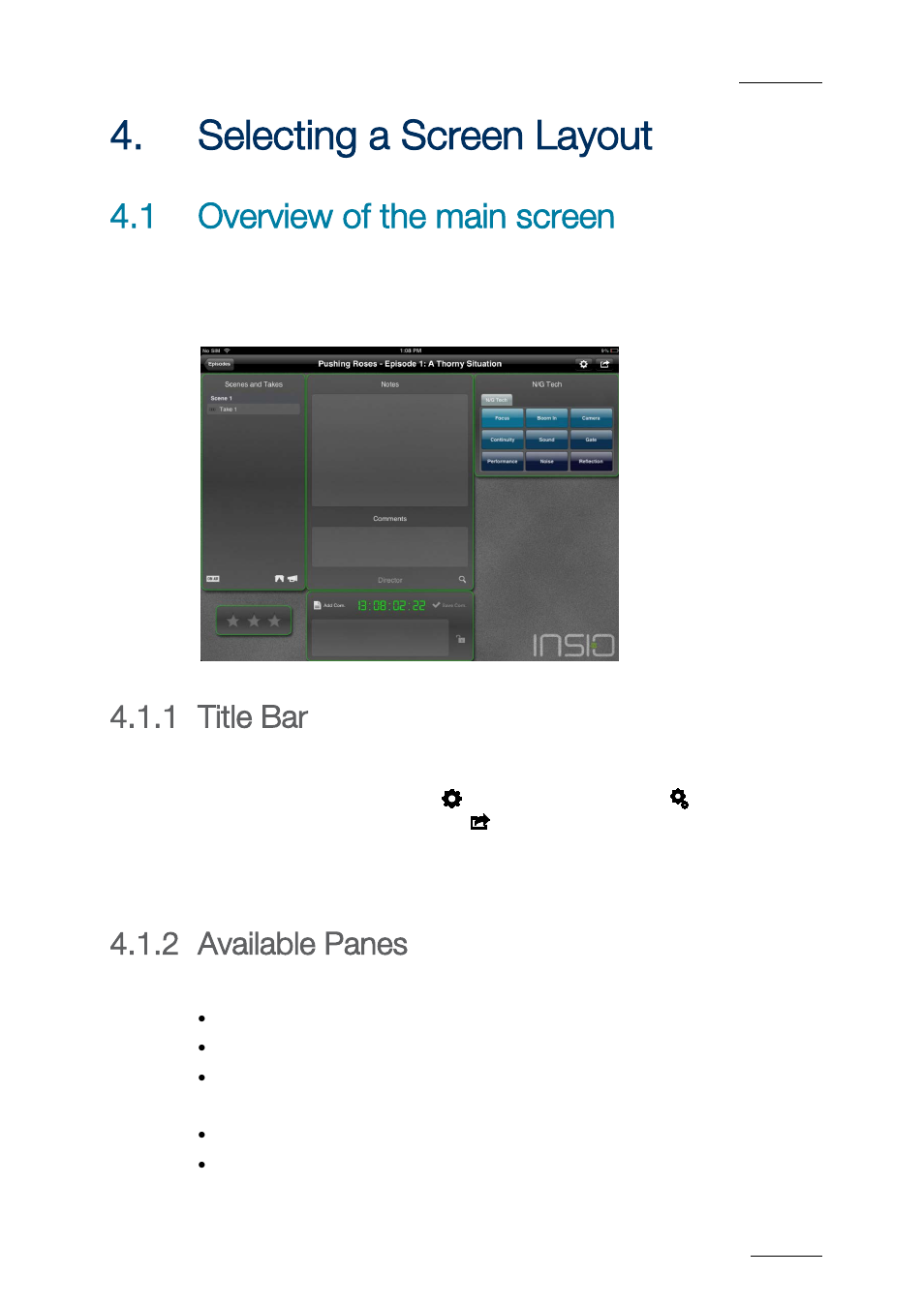 Selecting a screen layout, 1 overview of the main screen, 2 available panes | Electing a, Creen, Ayout, Overview of the main screen, Title bar, Available panes, 1 title bar | EVS ProNotes Version 1.0 - January 2012 User Manual | Page 31 / 97