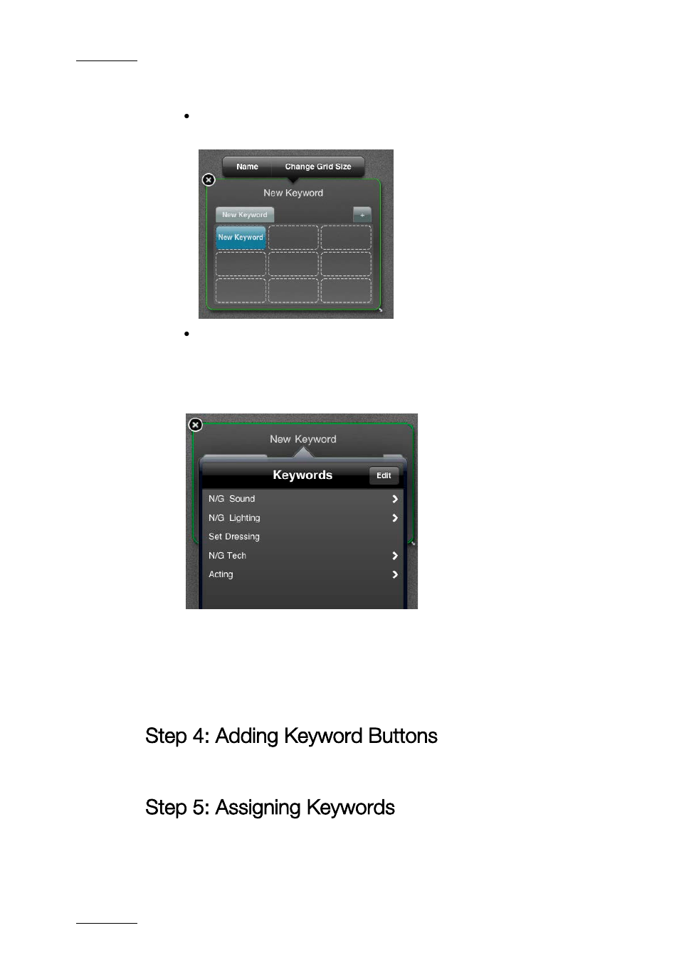 Step 4: adding keyword buttons, Step 5: assigning keywords | EVS ProNotes Version 1.0 - January 2012 User Manual | Page 42 / 97