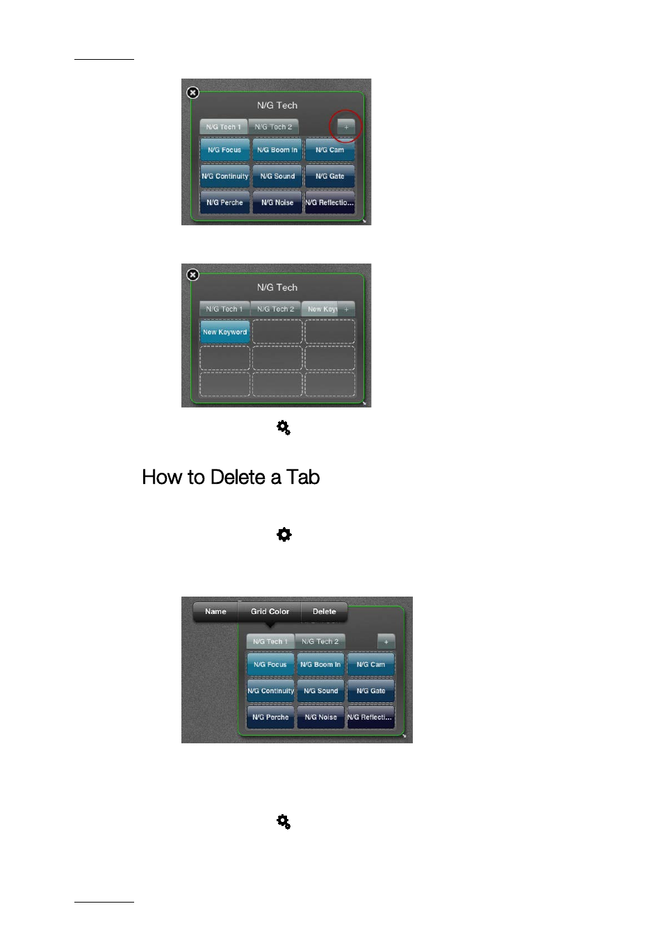 Xe "keyword grid:add a tab" how to add a tab, How to delete a tab | EVS ProNotes Version 1.0 - January 2012 User Manual | Page 62 / 97
