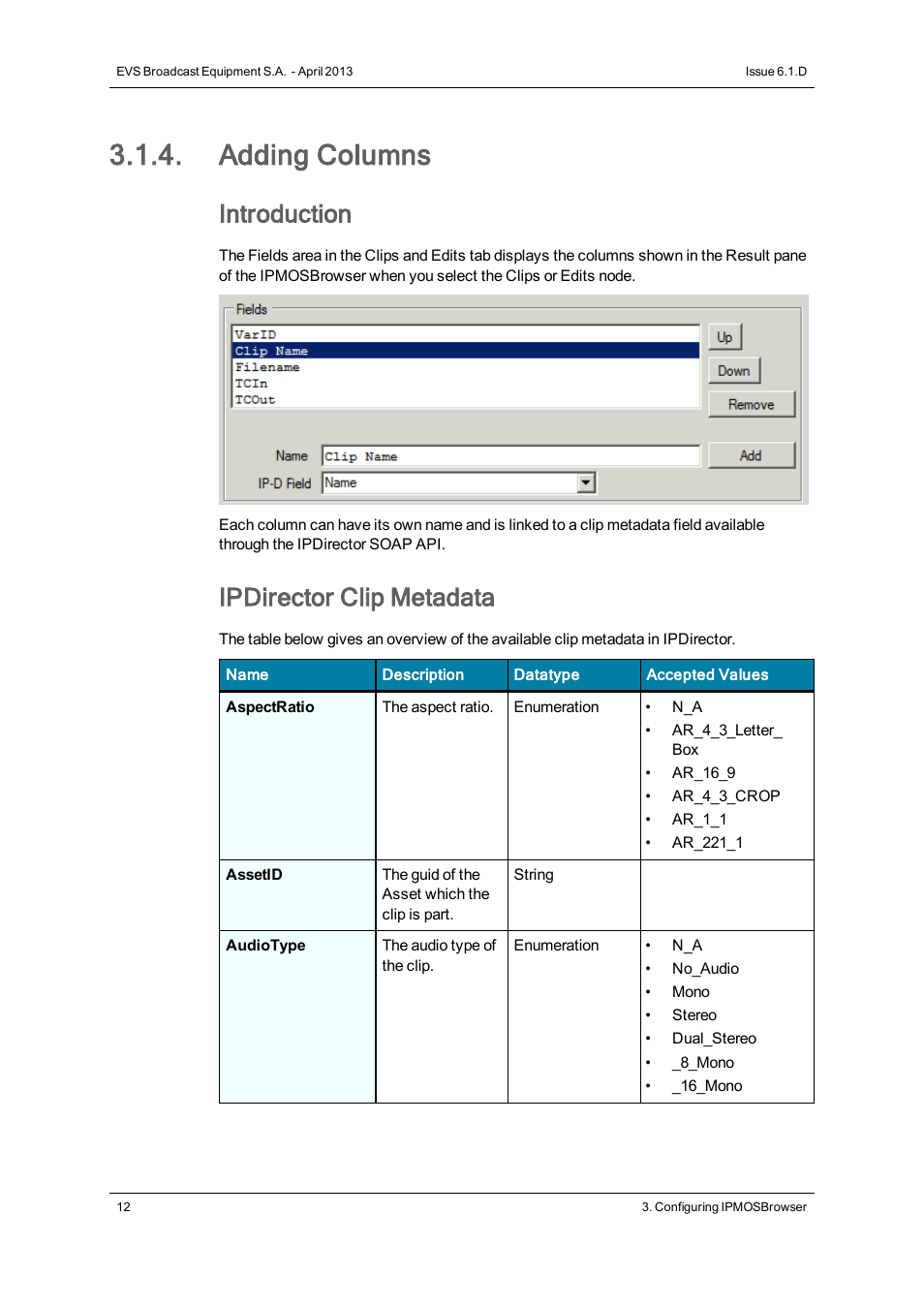 Adding columns, Introduction, Ipdirector clip metadata | EVS IPMOSBrowser Version 6.10.90 - April 2013 User's Manual User Manual | Page 18 / 65