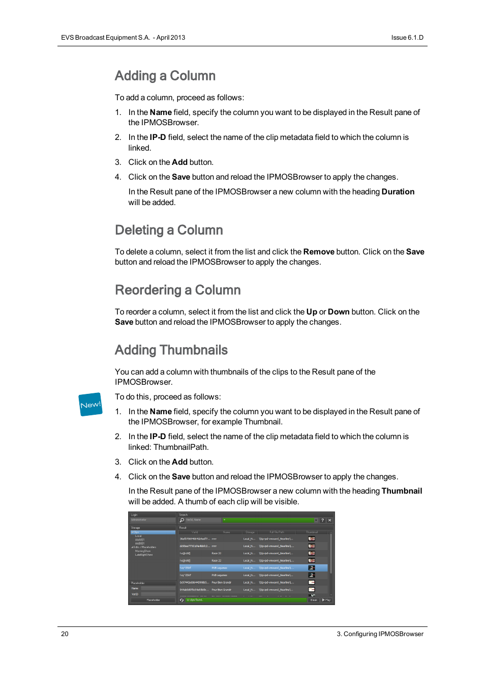 Adding a column, Deleting a column, Reordering a column | Adding thumbnails | EVS IPMOSBrowser Version 6.10.90 - April 2013 User's Manual User Manual | Page 26 / 65
